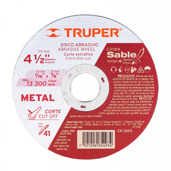 DICOF-4516 Disco Tipo 41, corte fino de metal, Línea Sable 4-1/2',1.6mm TRUPER | DIHERESA