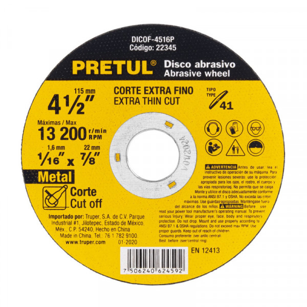 DICOF-4516P Disco Tipo 41 para corte fino de metal 4-1/2', 1.6 mm Pretul TRUPER | DIHERESA