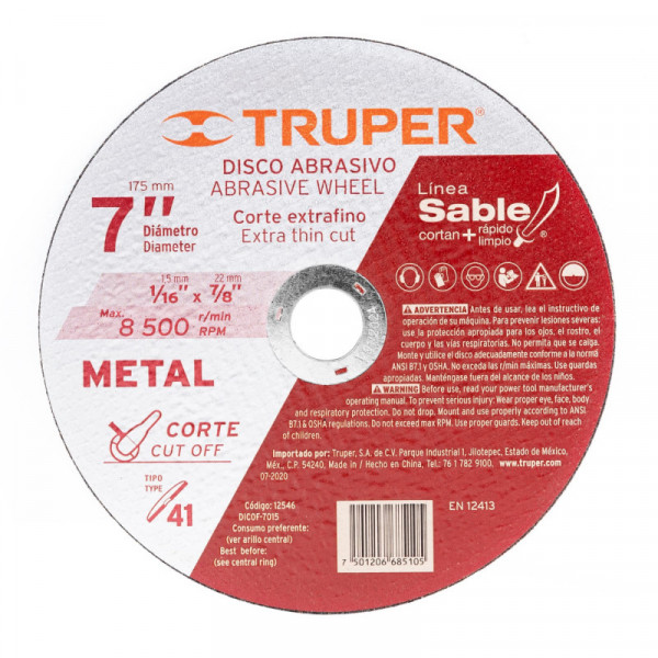 DICOF-7015 Disco Tipo 41 para corte fino de metal Línea Sable 7', 1.5mm TRUPER | DIHERESA