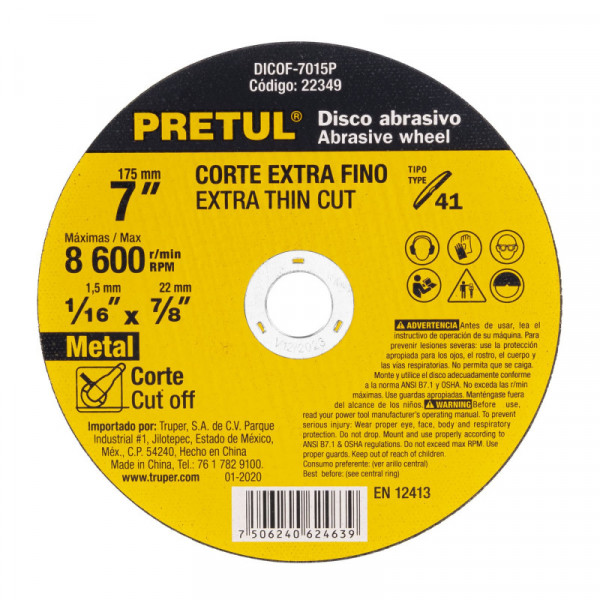 DICOF-7015P Disco Tipo 41 para corte fino de metal 7', 1.5 mm Pretul TRUPER | DIHERESA