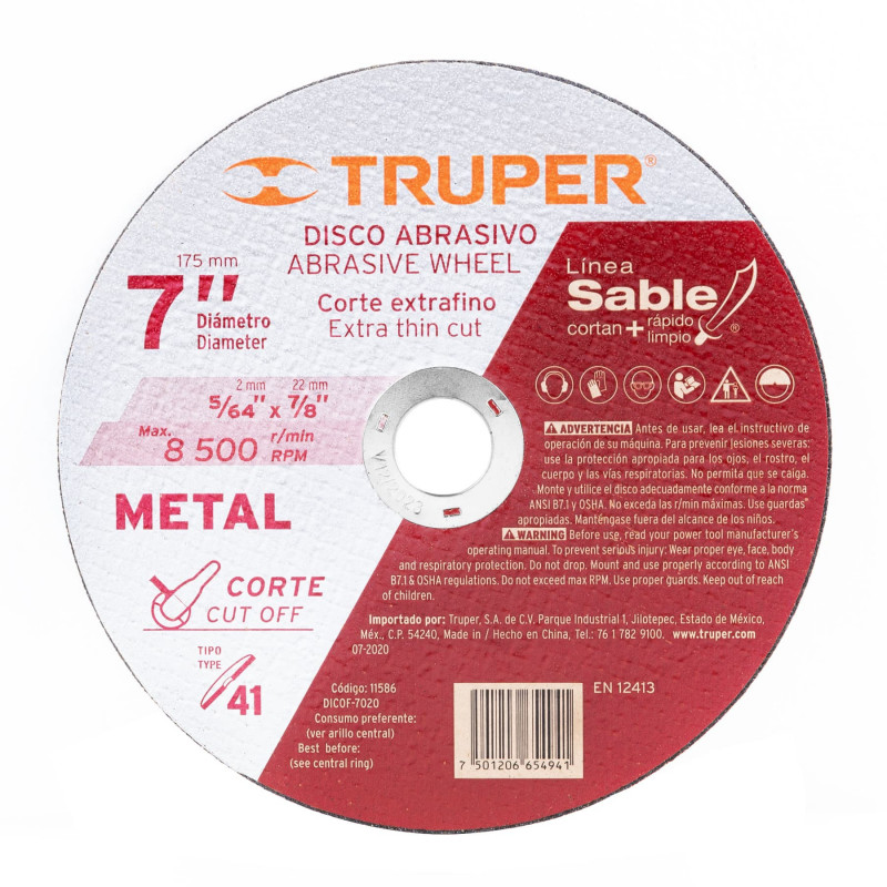DICOF-7020 Disco Tipo 41 para corte fino de metal Línea Sable 7' TRUPER | DIHERESA DICOF-7020 Disco Tipo 41 para corte fino de metal Línea Sable 7' TRUPER | DIHERESA
