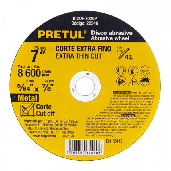 DICOF-7020P Disco Tipo 41 para corte fino de metal 7', 1.8 mm Pretul TRUPER | DIHERESA