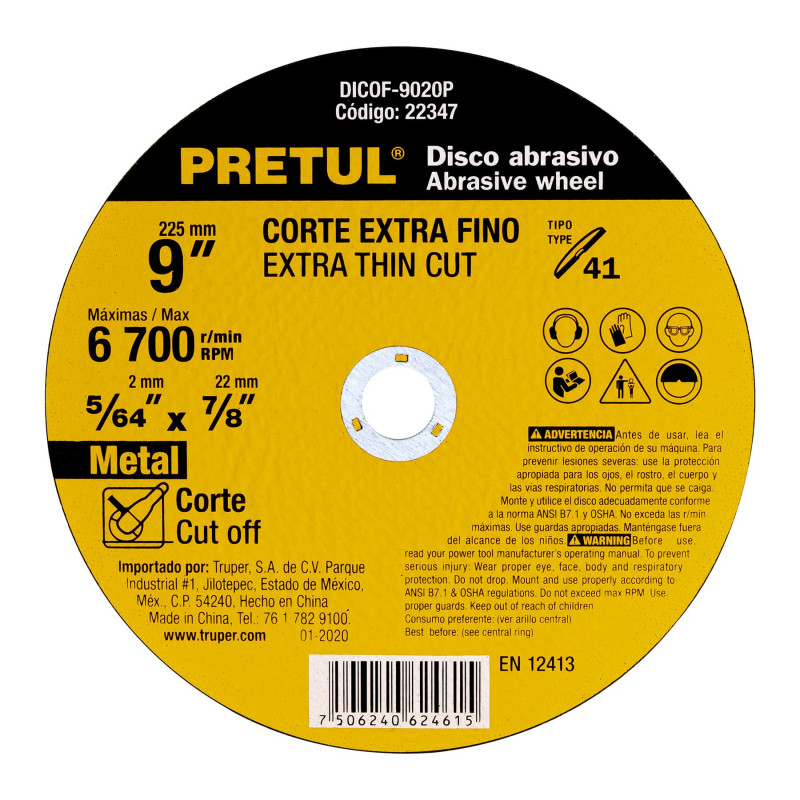 DICOF-9020P Disco Tipo 41 para corte fino de metal 9', 2 mm Pretul TRUPER | DIHERESA DICOF-9020P Disco Tipo 41 para corte fino de metal 9', 2 mm Pretul TRUPER | DIHERESA
