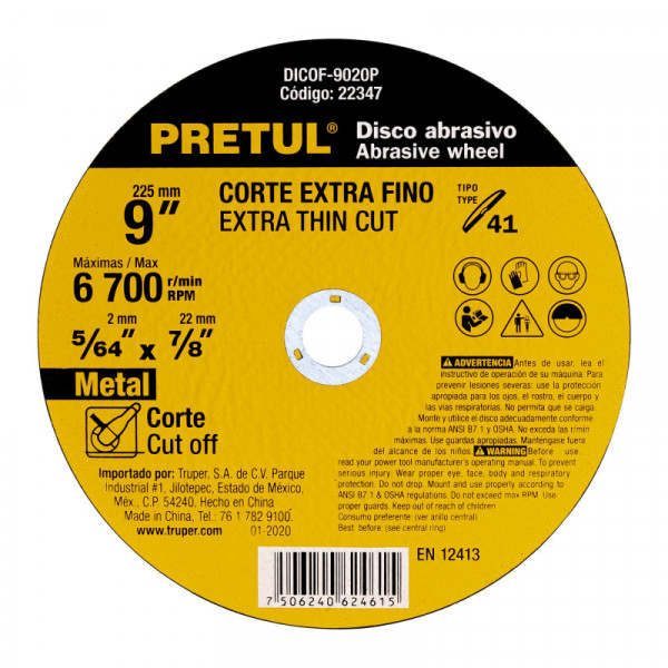 DICOF-9020P Disco Tipo 41 para corte fino de metal 9', 2 mm Pretul TRUPER | DIHERESA