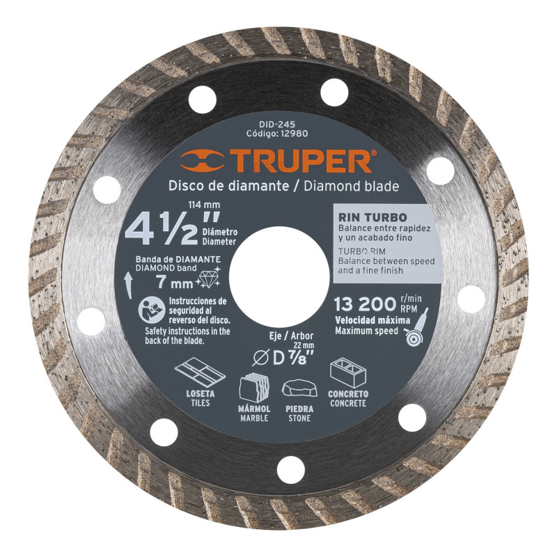 DID-245 Disco de diamante, rin turbo, 4-1/2' TRUPER | DIHERESA