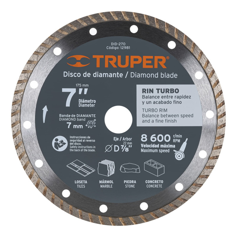 DID-270 Disco de diamante, rin turbo, 7' TRUPER | DIHERESA DID-270 Disco de diamante, rin turbo, 7' TRUPER | DIHERESA