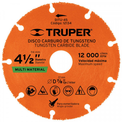 DITU-45 Disco de carburo de Tungsteno 4-1/2 pulgadas , multiusos TRUPER