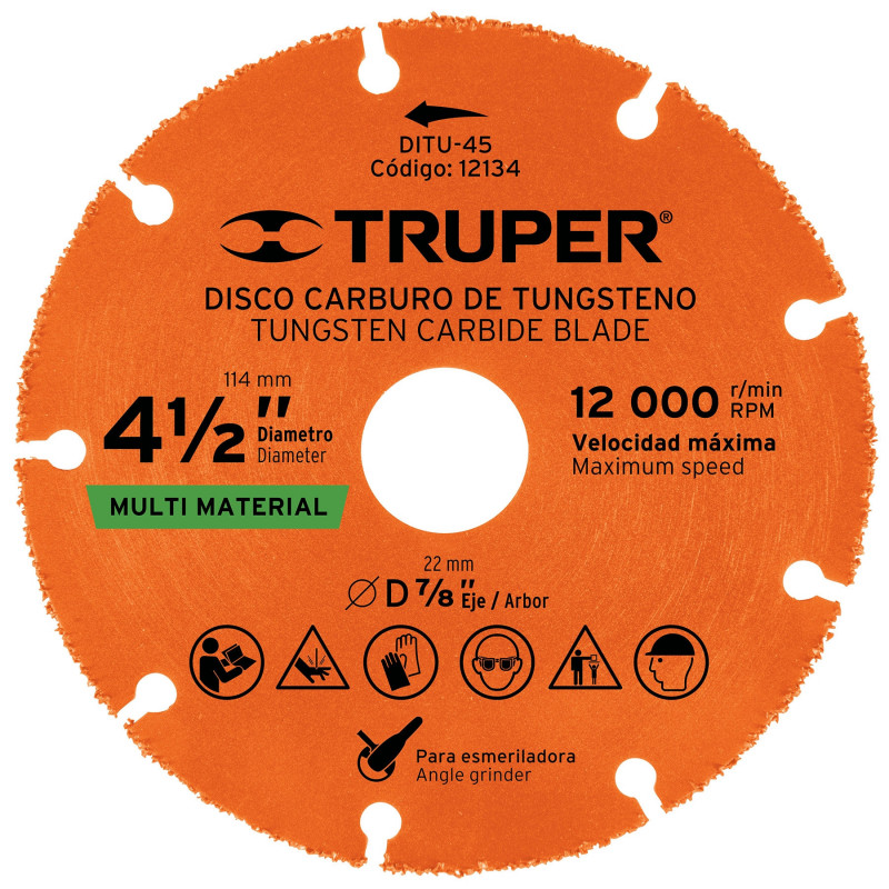 DITU-45 Disco de carburo de Tungsteno 4-1/2', multiusos TRUPER | DIHERESA DITU-45 Disco de carburo de Tungsteno 4-1/2', multiusos TRUPER | DIHERESA