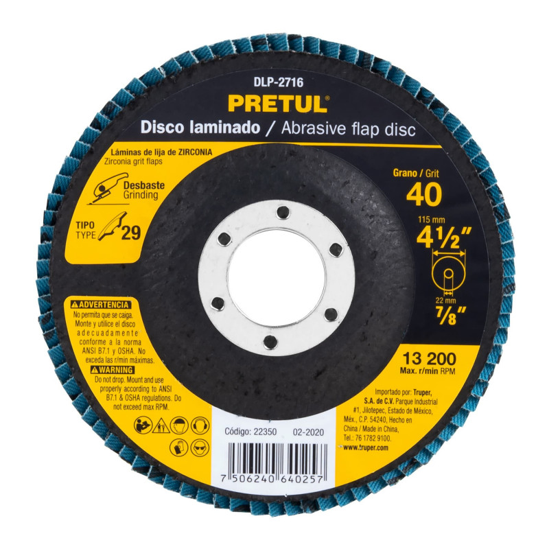 DLP-2716 Disco laminado, 4-1/2', grano 40, centro 7/8', Pretul TRUPER | DIHERESA DLP-2716 Disco laminado, 4-1/2', grano 40, centro 7/8', Pretul TRUPER | DIHERESA