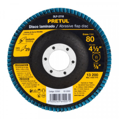 DLP-2718 Disco laminado, 4-1/2', grano 80, centro 7/8', Pretul TRUPER | DIHERESA