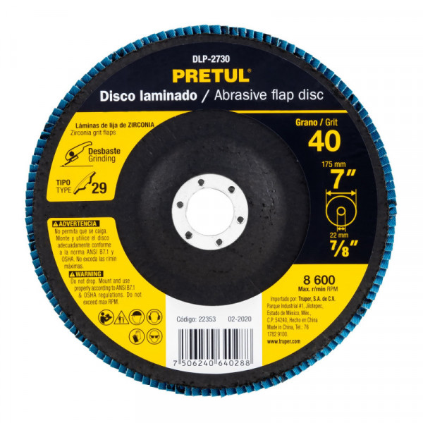 DLP-2730 Disco laminado, 7', grano 40, centro 7/8', Pretul TRUPER | DIHERESA