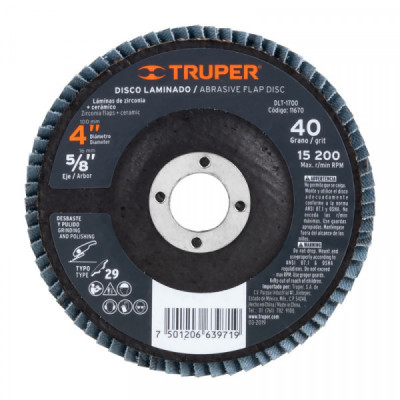 DLT-1700 Disco laminado, tipo 29, diámetro 4', grano 40, centro 5/8' TRUPER | DIHERESA