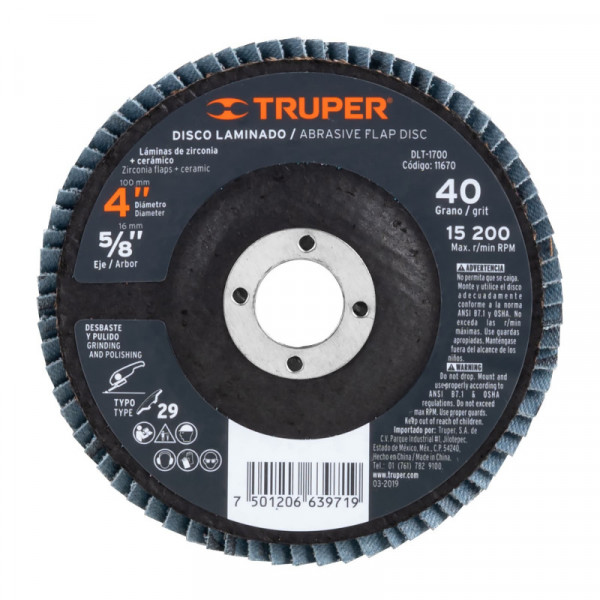 DLT-1700 Disco laminado, tipo 29, diámetro 4', grano 40, centro 5/8' TRUPER | DIHERESA