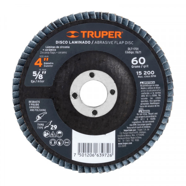 DLT-1701 Disco laminado, tipo 29, diámetro 4', grano 60, centro 5/8' TRUPER | DIHERESA