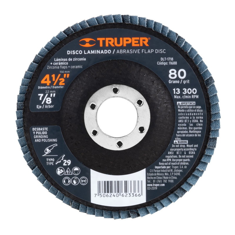 DLT-1718 Disco laminado, 4-1/2', grano 80, centro 7/8' TRUPER | DIHERESA DLT-1718 Disco laminado, 4-1/2', grano 80, centro 7/8' TRUPER | DIHERESA