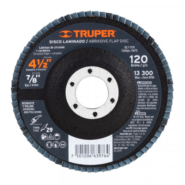 DLT-1719 Disco laminado, 4-1/2', grano 120, centro 7/8' TRUPER | DIHERESA