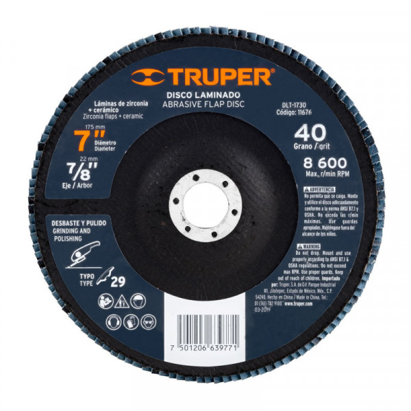 DLT-1730 Disco laminado, 7', grano 40, centro 7/8' TRUPER | DIHERESA