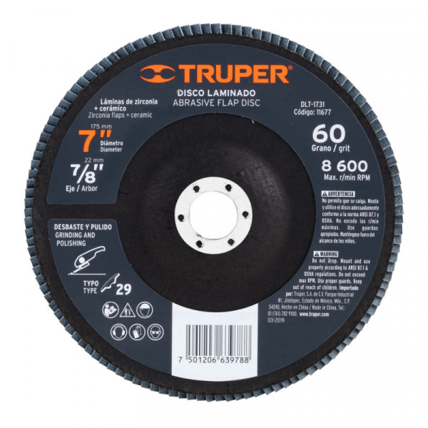 DLT-1731 Disco laminado, 7', grano 60, centro 7/8' TRUPER | DIHERESA