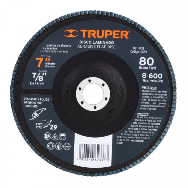 DLT-1732 Disco laminado, 7', grano 80, centro 7/8' TRUPER | DIHERESA