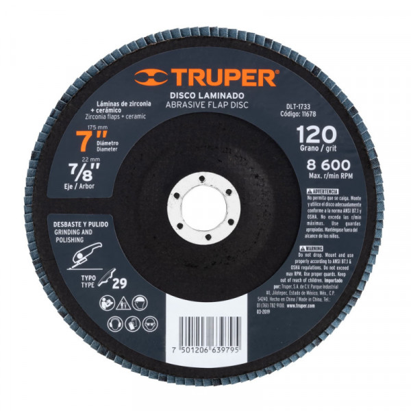 DLT-1733 Disco laminado, 7', grano 120, centro 7/8' TRUPER | DIHERESA