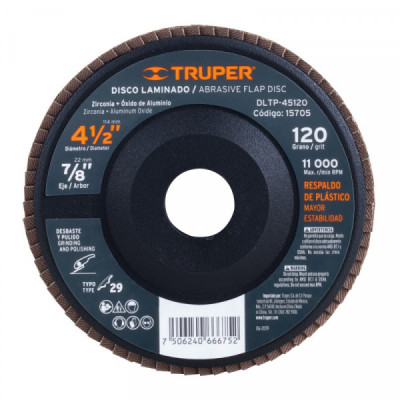 DLTP-45120 Disco laminado respaldo plástico 4-1/2'barreno 7/8'grano 120 TRUPER | DIHERESA