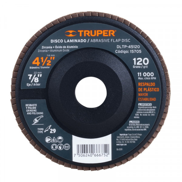 DLTP-45120 Disco laminado respaldo plástico 4-1/2'barreno 7/8'grano 120 TRUPER | DIHERESA