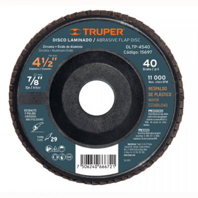 DLTP-4540 Disco laminado respaldo plástico 4-1/2',barreno 7/8'grano 40 TRUPER | DIHERESA