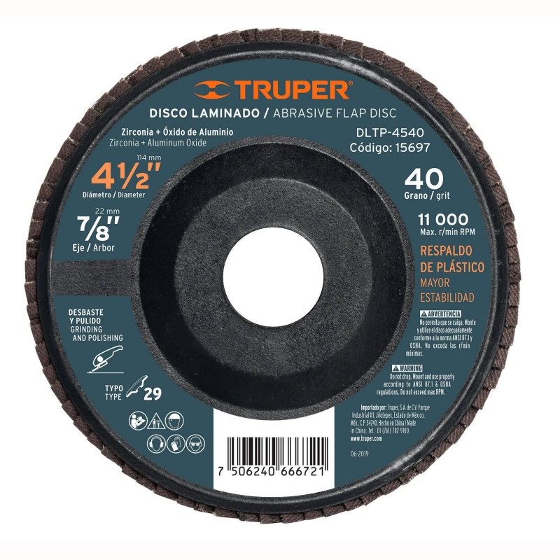 DLTP-4540 Disco laminado respaldo plástico 4-1/2',barreno 7/8'grano 40 TRUPER | DIHERESA DLTP-4540 Disco laminado respaldo plástico 4-1/2',barreno 7/8'grano 40 TRUPER | DIHERESA