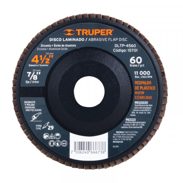 DLTP-4560 Disco laminado respaldo plástico 4-1/2',barreno 7/8'grano 60 TRUPER | DIHERESA