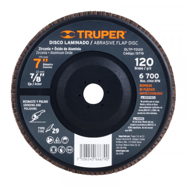 DLTP-70120 Disco laminado 7' respaldo plástico barreno 7/8'grano 120 TRUPER | DIHERESA