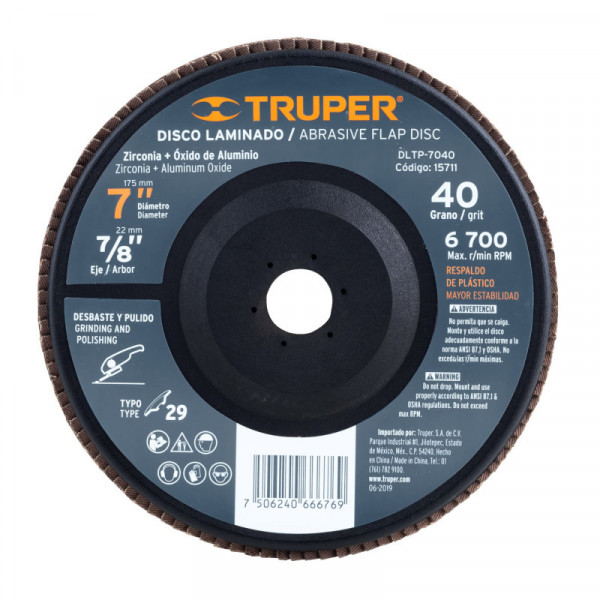 DLTP-7040 Disco laminado 7' respaldo plástico barreno 7/8'grano 40 TRUPER | DIHERESA