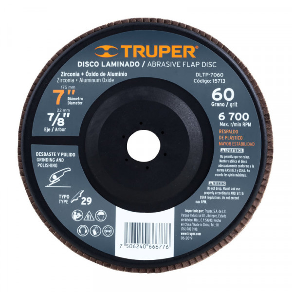 DLTP-7060 Disco laminado 7' respaldo plástico barreno 7/8'grano 60 TRUPER | DIHERESA