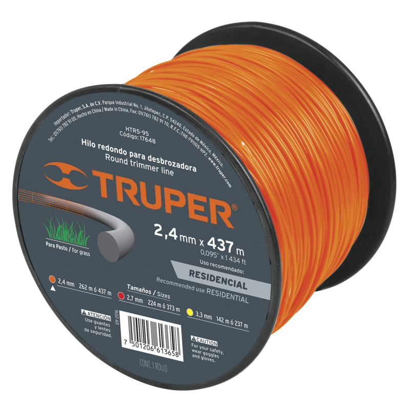HTR5-95 Hilo redondo para desbrozadora, carrete, 437 m, 2.4 mm TRUPER | DIHERESA HTR5-95 Hilo redondo para desbrozadora, carrete, 437 m, 2.4 mm TRUPER | DIHERESA
