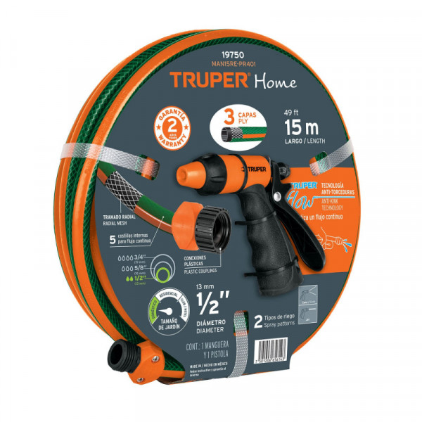 MAN15RE-PR401 Combo de manguera MAN-15X1/RE y pistola PR-401, 15 m TRUPER | DIHERESA