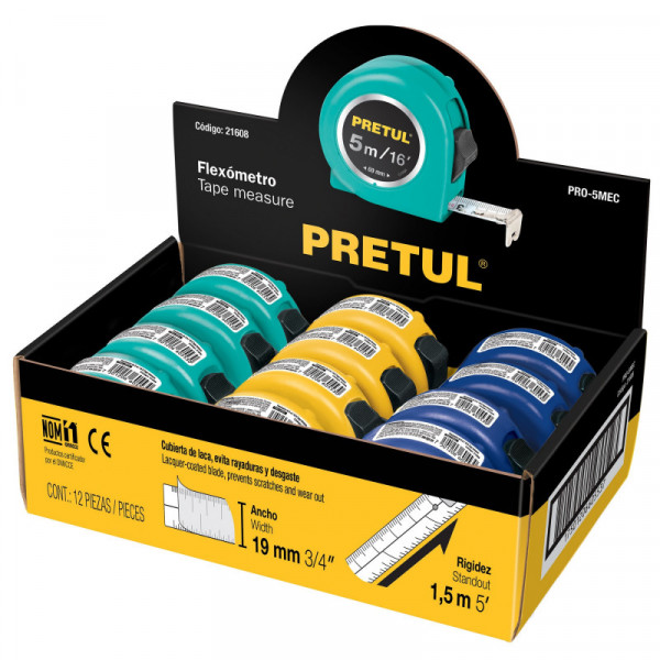 PRO-5MEC Flexómetros 5 m, cinta 13 mm en display box, 12 pzas, Pretul TRUPER | DIHERESA