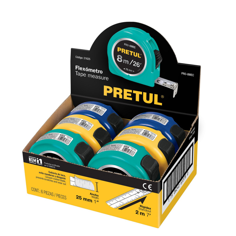 PRO-8MEC Flexómetros 8 m, cinta 25 mm en display box, 6 pzas, Pretul TRUPER | DIHERESA