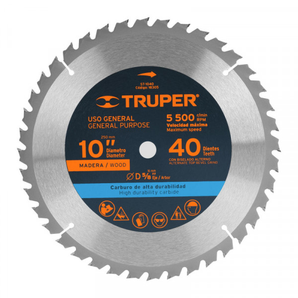 ST-1040 Disco sierra p/madera 10', 40 dientes, centro 5/8' TRUPER | DIHERESA