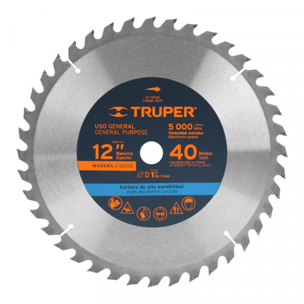 ST-1240E Disco sierra p/madera 12', 40 dientes, centro 1' TRUPER | DIHERESA