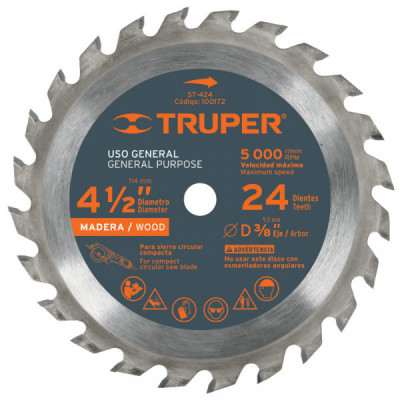 ST-424 Disco sierra p/madera 4-1/2', 24 dientes, centro 3/8' TRUPER | DIHERESA