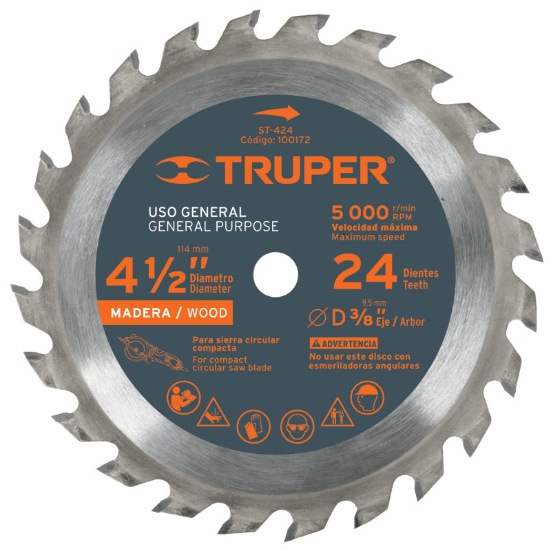 ST-424 Disco sierra p/madera 4-1/2', 24 dientes, centro 3/8' TRUPER | DIHERESA ST-424 Disco sierra p/madera 4-1/2', 24 dientes, centro 3/8' TRUPER | DIHERESA
