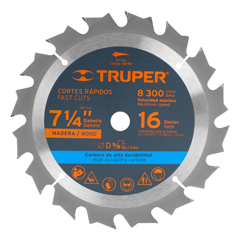 ST-716 Disco sierra p/madera 7- 1/4', 16 dientes, centro 5/8' TRUPER | DIHERESA ST-716 Disco sierra p/madera 7- 1/4', 16 dientes, centro 5/8' TRUPER | DIHERESA