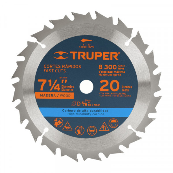 ST-720 Disco sierra p/madera 7- 1/4', 20 dientes, centro 5/8' TRUPER | DIHERESA