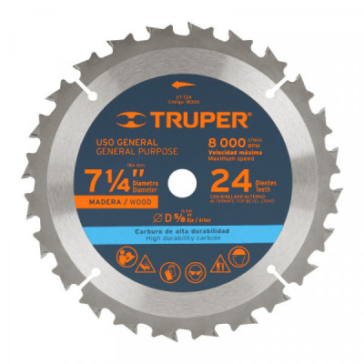 ST-724 Disco sierra p/madera 7-1/4', 24 dientes, centro 5/8' TRUPER | DIHERESA
