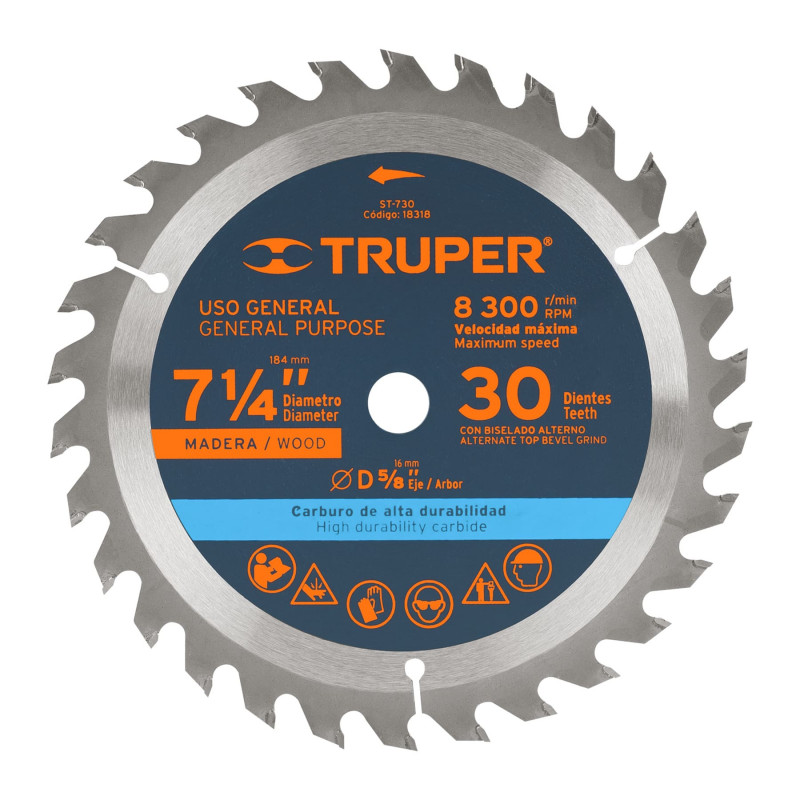 ST-730 Disco sierra p/madera 7- 1/4', 30 dientes, centro 5/8' TRUPER | DIHERESA ST-730 Disco sierra p/madera 7- 1/4', 30 dientes, centro 5/8' TRUPER | DIHERESA