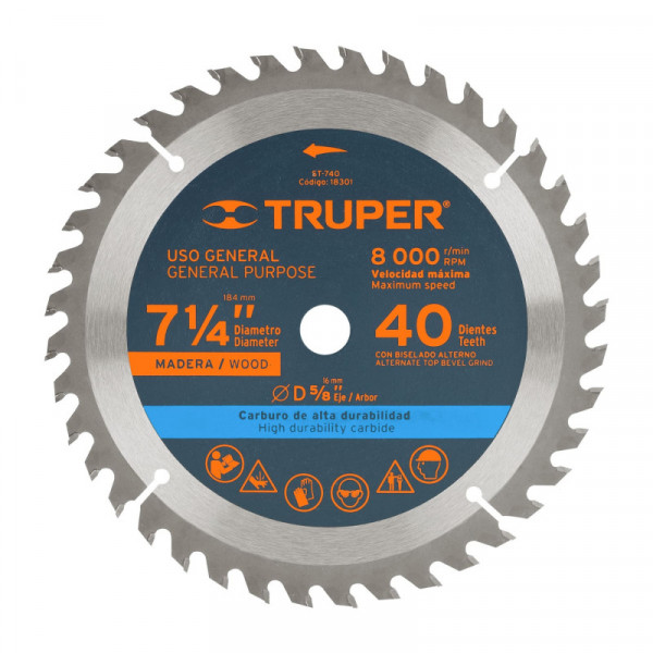 ST-740 Disco sierra p/madera 7-1/4', 40 dientes, centro 5/8' TRUPER | DIHERESA