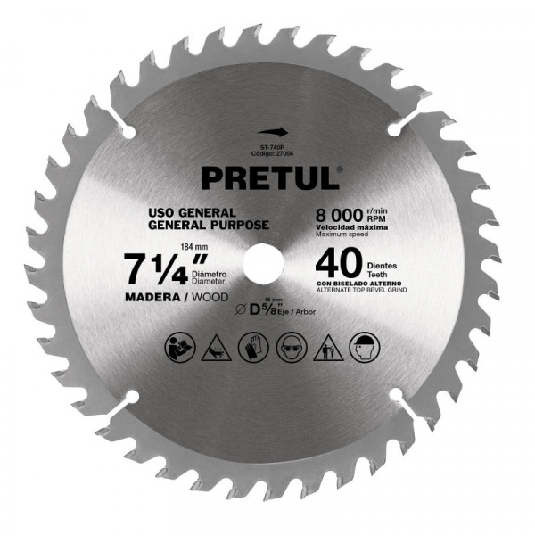 ST-740P Sierra circular p/madera7-1/4',40 dientes,centro 5/8', Pretu TRUPER | DIHERESA