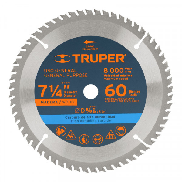 ST-760 Disco sierra p/madera 7- 1/4', 60 dientes, centro 5/8' TRUPER | DIHERESA