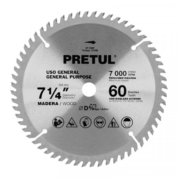 ST-760P Disco sierra p/madera 7-1/4', 60 d, centro 5/8',Pretul TRUPER | DIHERESA