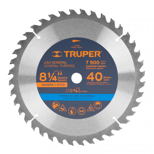 ST-840 Disco sierra p/madera 8-1/4', 40 dientes, centro 5/8' TRUPER | DIHERESA