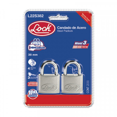 L22S382 LOCK Candado de acero corto llave estándar 2 piezas 38mm cromo satinado